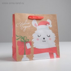 Пакет крафтовый квадратный «Новогодняя альпака», 22 × 22 × 11 см