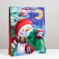 Пакет подарочный "Снеговик с подарком", 33 х 42,5 х 10 см