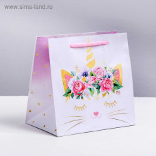 Пакет ламинированный квадратный «Кошка‒единорожка», 22 × 22 × 11 см