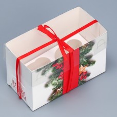 Коробка для капкейка «С Новым годом», хвоя и ягоды, 16 × 8 × 10 см