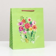 Пакет подарочный "Цветы на салатовом" 26 х 32 х 12 см