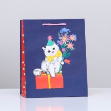 Пакет подарочный "Кот с цветами", 18 х 22,3 х 10 см