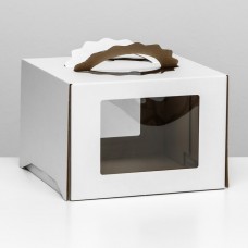 Коробка под торт 3 окна, с ручками, белая, 28 х 28 х 20 см
