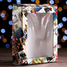 Коробка подарочная, крышка-дно, с окном "Новогодняя афиша", 18 х 15 х 5 см