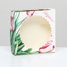 Подарочная коробка сборная с окном " Тюльпаны ", 11,5 х 11,5 х 3 см